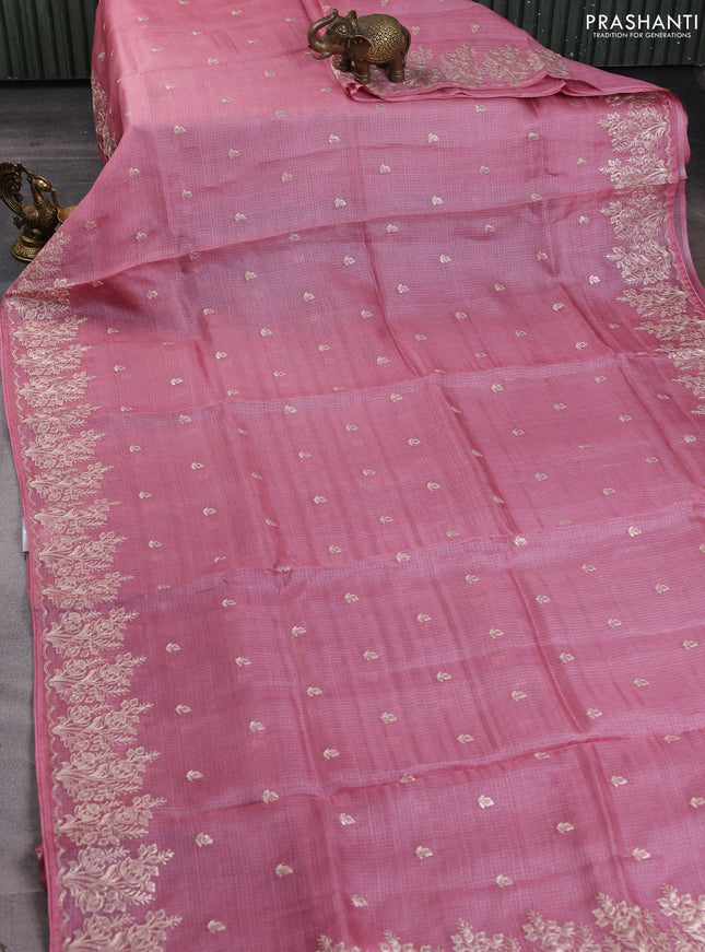 Silk kota saree peach pink with pita work and kalamkari prints & pita work blouse