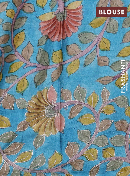 Silk kota saree dark mustard and light blue with pita work and kalamkari prints & pita work blouse