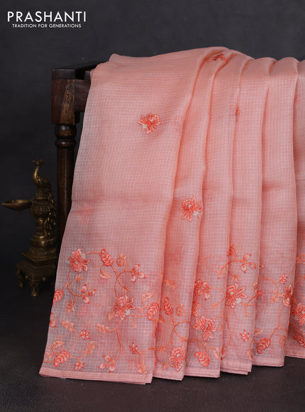Silk kota saree peach orange with embroidery work buttas and floral embroidery work border