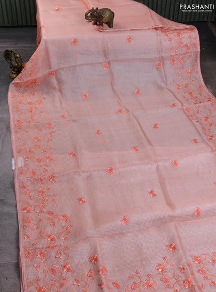 Silk kota saree peach orange with embroidery work buttas and floral embroidery work border