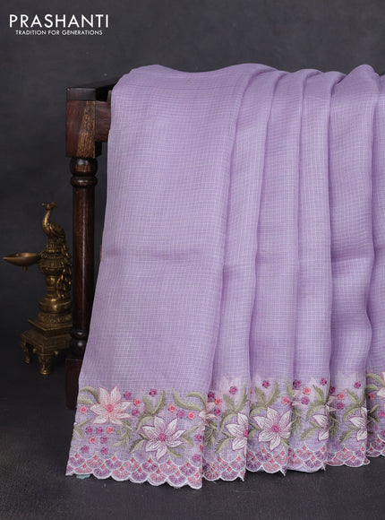 Silk kota saree lavender with plain body and floral embroidery border