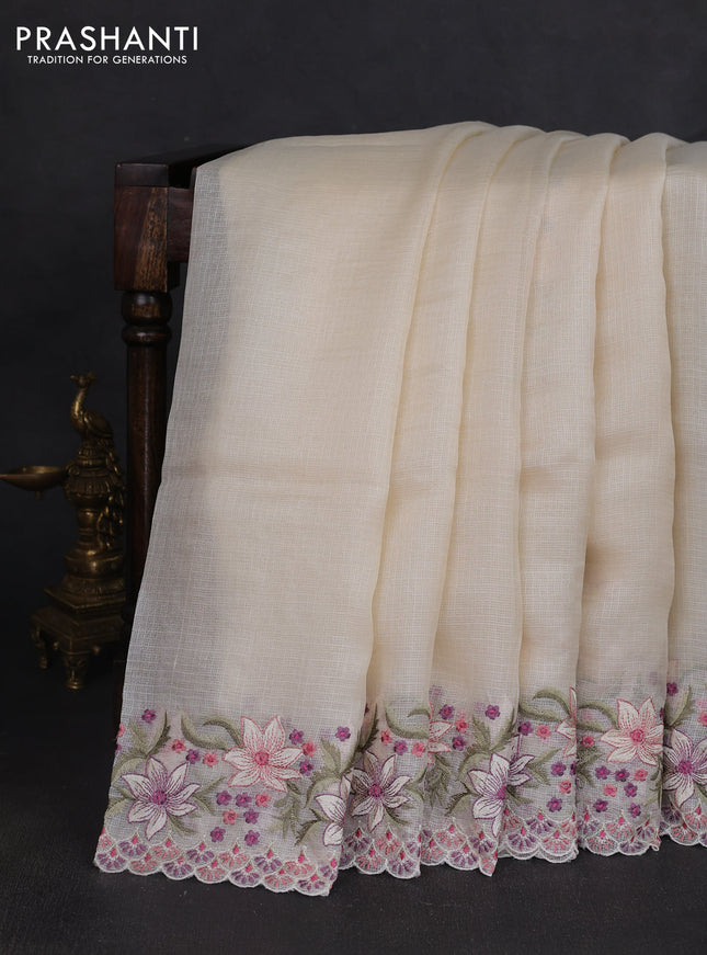 Silk kota saree cream with plain body and floral embroidery border