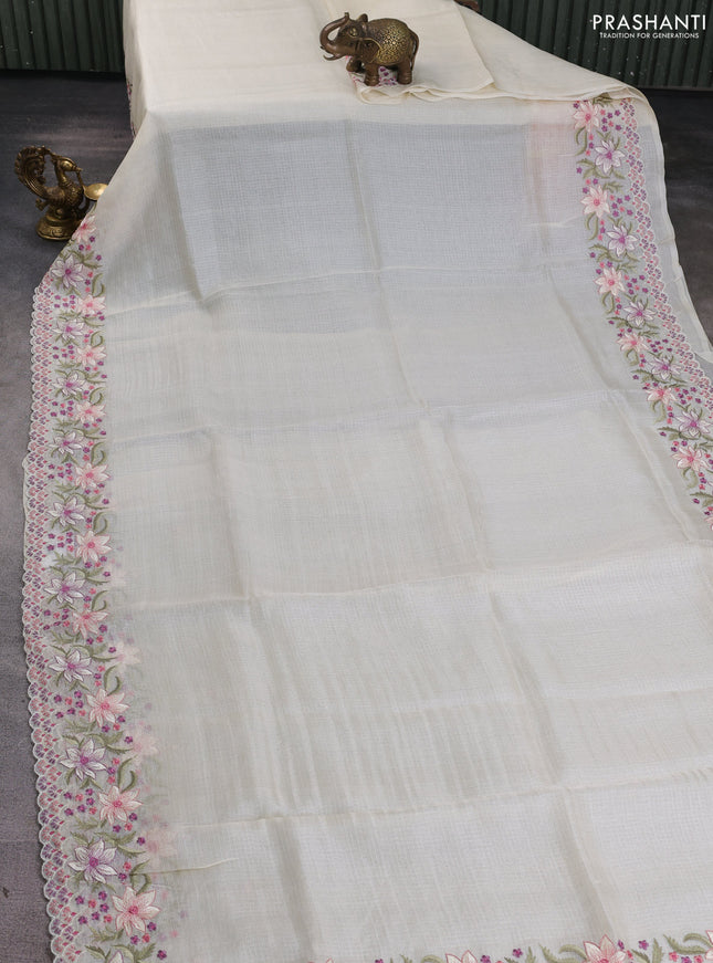 Silk kota saree cream with plain body and floral embroidery border