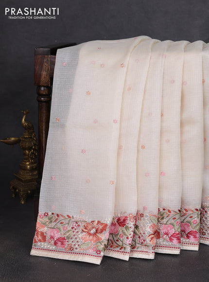Silk kota saree cream with embroidery work buttas and floral embroidery work border