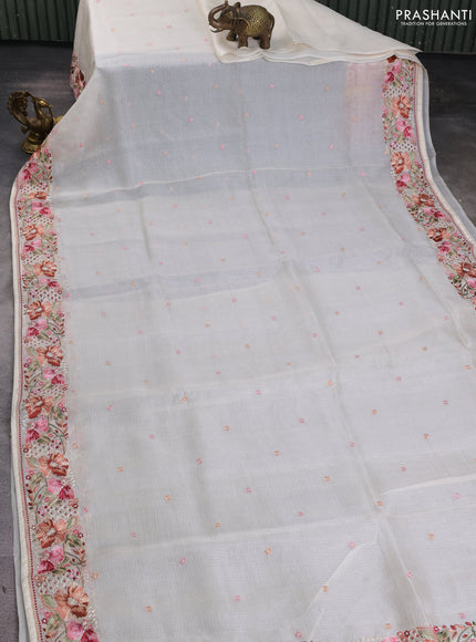 Silk kota saree cream with embroidery work buttas and floral embroidery work border