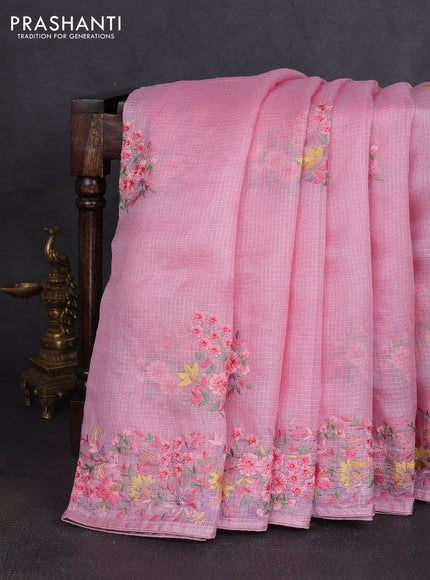 Silk kota saree light pink with floral embroidery work buttas and embroidery work border