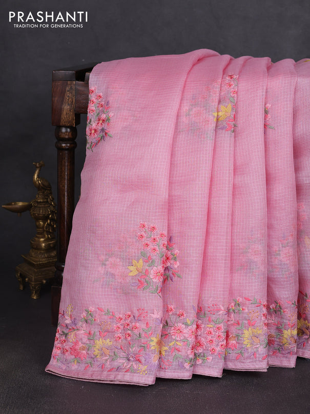 Silk kota saree light pink with floral embroidery work buttas and embroidery work border