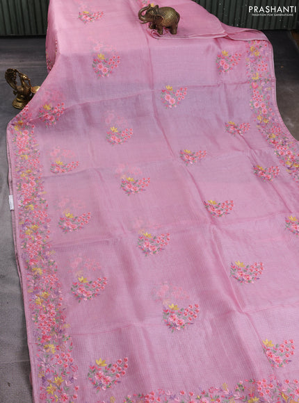 Silk kota saree light pink with floral embroidery work buttas and embroidery work border
