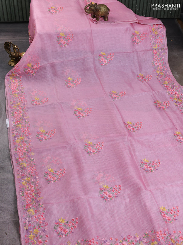 Silk kota saree light pink with floral embroidery work buttas and embroidery work border
