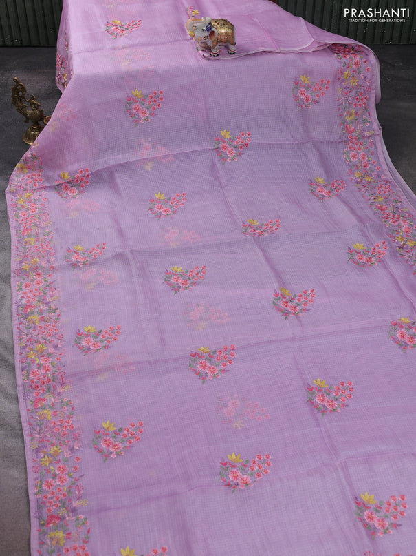 Silk kota saree lavender with floral embroidery work buttas and embroidery work border