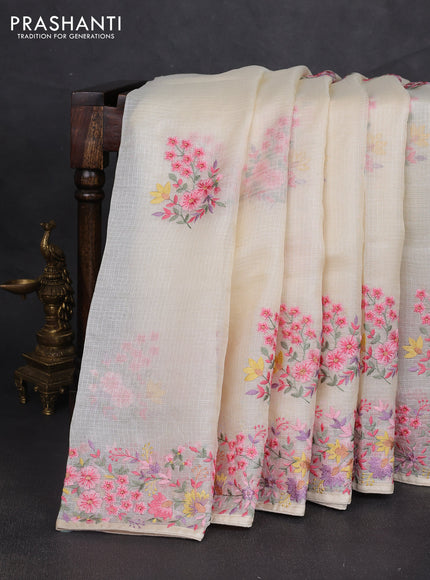 Silk kota saree cream with floral embroidery work buttas and embroidery work border