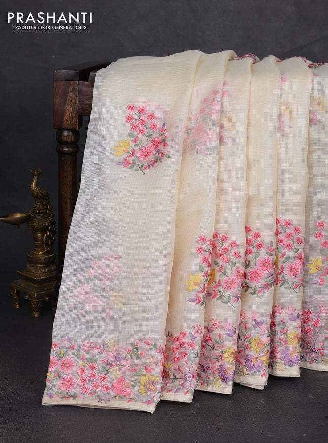 Silk kota saree cream with floral embroidery work buttas and embroidery work border