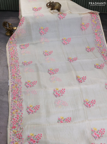 Silk kota saree cream with floral embroidery work buttas and embroidery work border