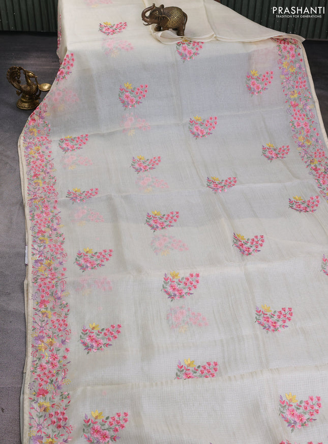 Silk kota saree cream with floral embroidery work buttas and embroidery work border