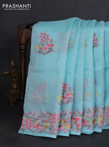 Silk kota saree teal blue with floral embroidery work buttas and embroidery work border