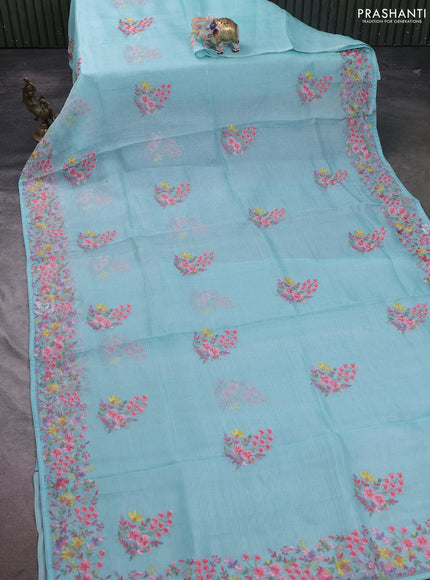 Silk kota saree teal blue with floral embroidery work buttas and embroidery work border