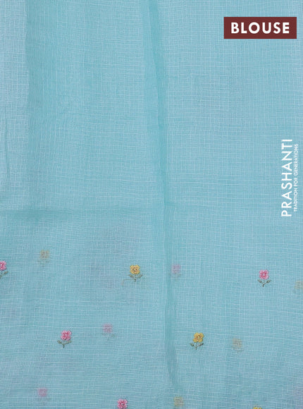 Silk kota saree teal blue with floral embroidery work buttas and embroidery work border