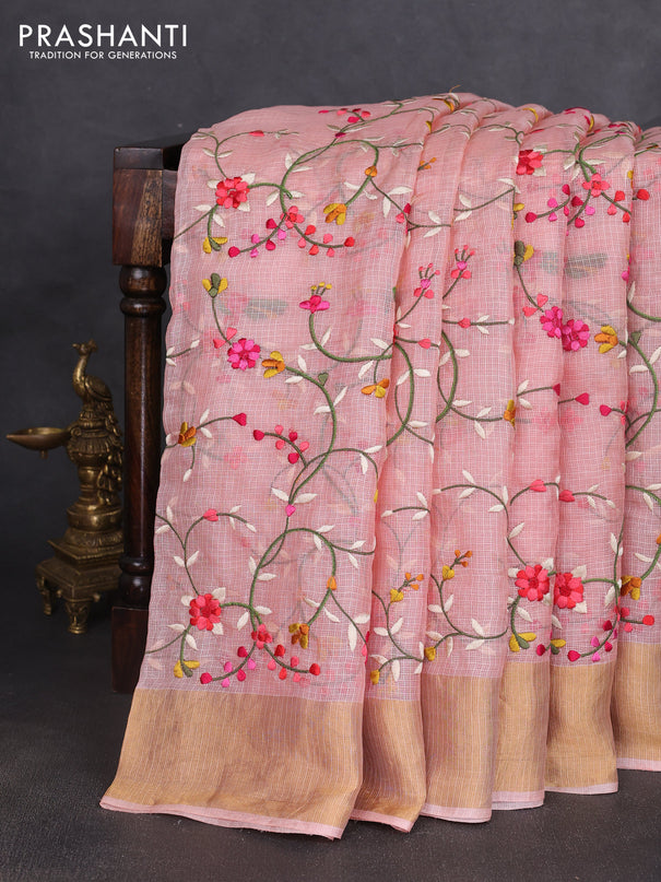Silk kota saree peach shade with allover floral embroidery work and zari woven border