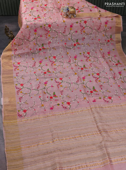 Silk kota saree peach shade with allover floral embroidery work and zari woven border