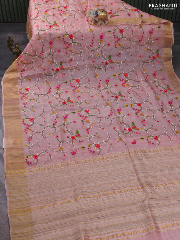 Silk kota saree peach shade with allover floral embroidery work and zari woven border