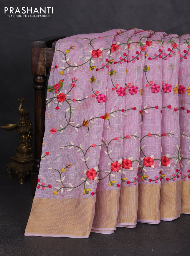 Silk kota saree lavender with allover floral embroidery work and zari woven border