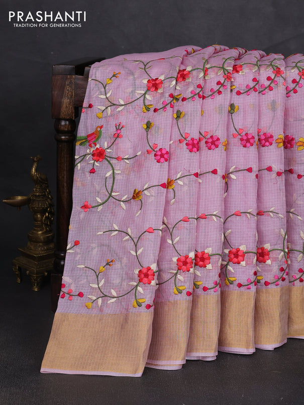 Silk kota saree lavender with allover floral embroidery work and zari woven border