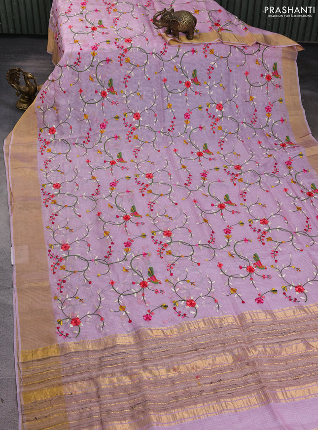Silk kota saree lavender with allover floral embroidery work and zari woven border