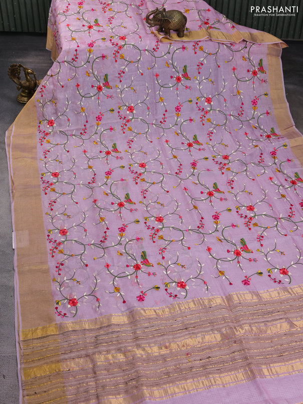 Silk kota saree lavender with allover floral embroidery work and zari woven border