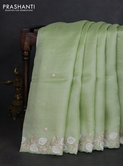 Silk kota saree pista green with plain body and embroidery work border