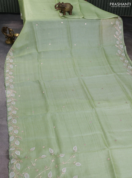 Silk kota saree pista green with plain body and embroidery work border