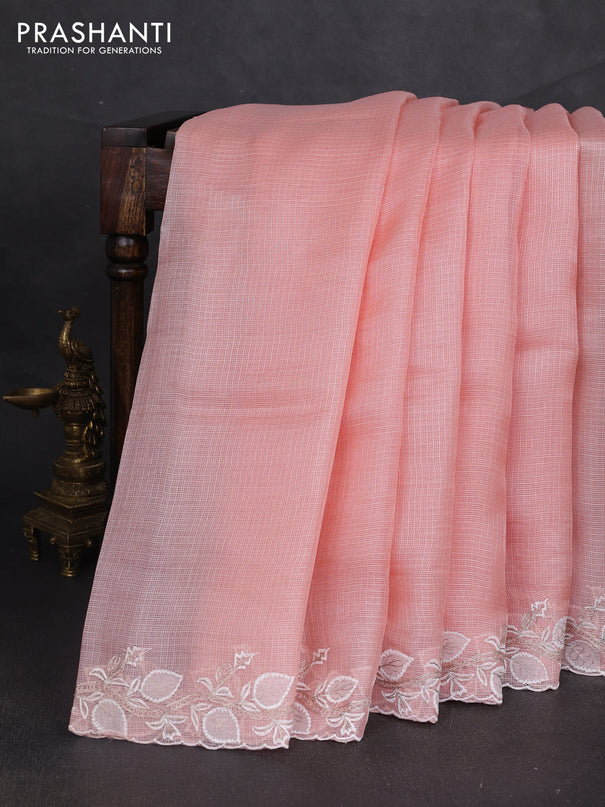 Silk kota saree peach shade with plain body and embroidery work border