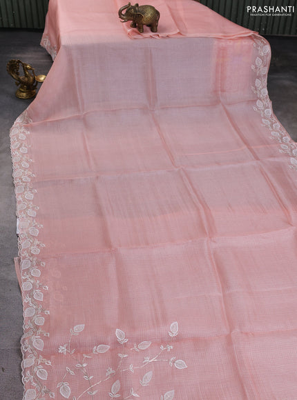 Silk kota saree peach shade with plain body and embroidery work border