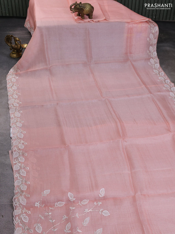 Silk kota saree peach shade with plain body and embroidery work border