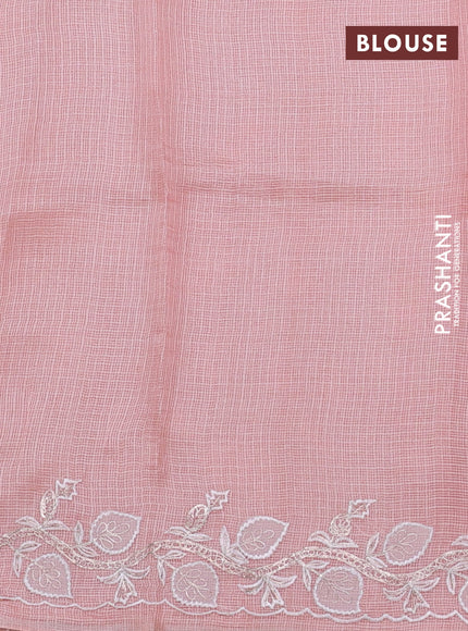 Silk kota saree peach shade with plain body and embroidery work border