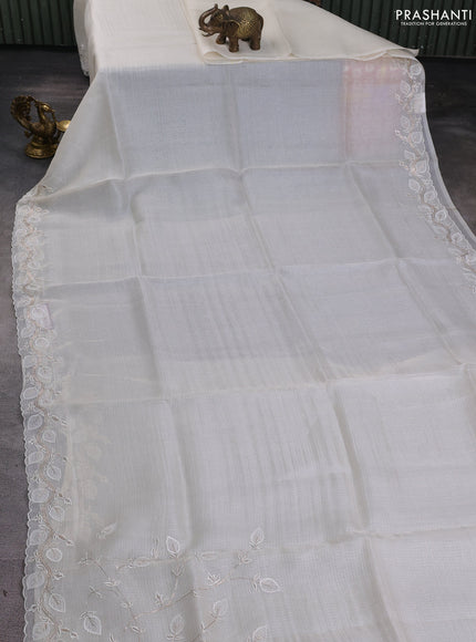 Silk kota saree off white with plain body and embroidery work border
