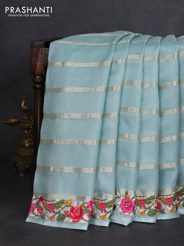 Silk kota saree teal blue with allover zari weaves and embroidery work border