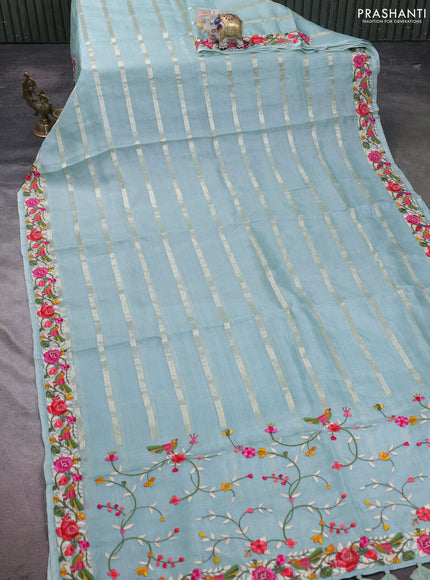Silk kota saree teal blue with allover zari weaves and embroidery work border