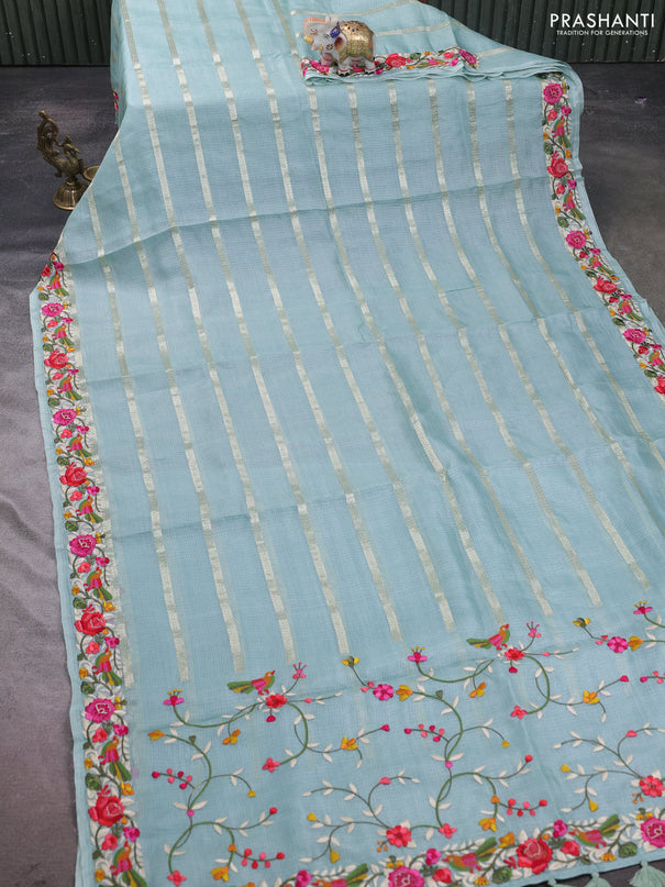 Silk kota saree teal blue with allover zari weaves and embroidery work border