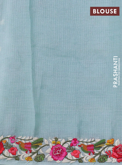 Silk kota saree teal blue with allover zari weaves and embroidery work border
