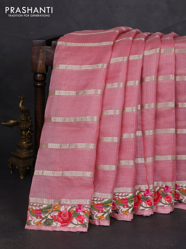 Silk kota saree peach pink with allover zari weaves and embroidery work border