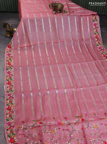 Silk kota saree peach pink with allover zari weaves and embroidery work border