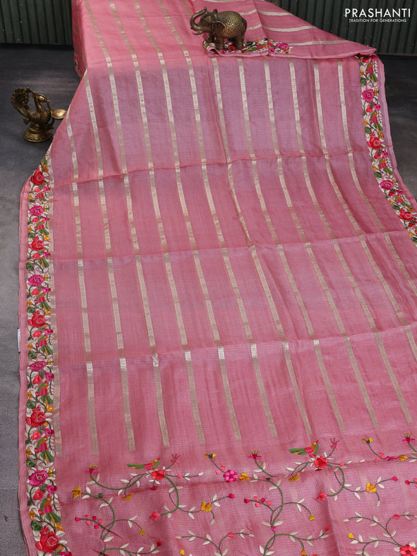 Silk kota saree peach pink with allover zari weaves and embroidery work border