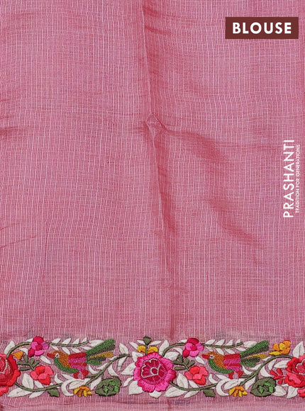 Silk kota saree peach pink with allover zari weaves and embroidery work border
