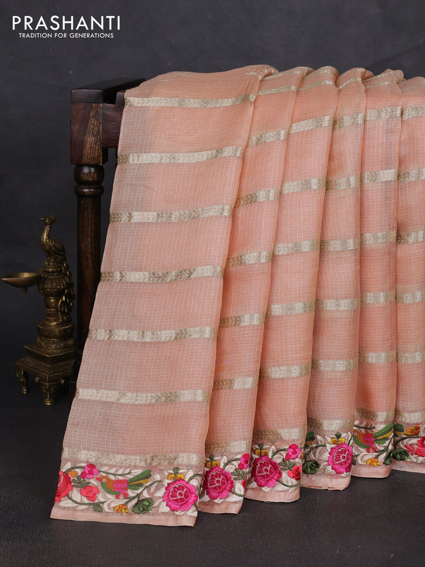 Silk kota saree pale orange with allover zari weaves and embroidery work border