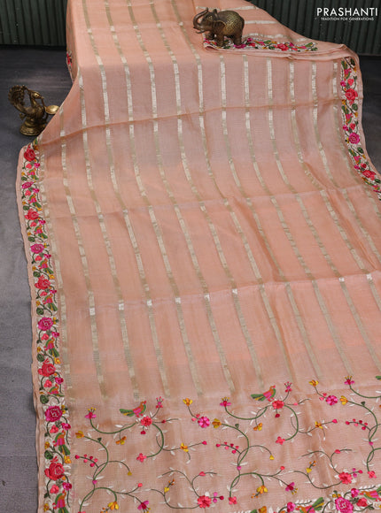 Silk kota saree pale orange with allover zari weaves and embroidery work border