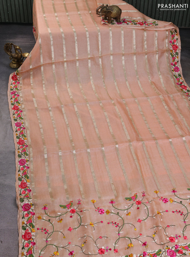 Silk kota saree pale orange with allover zari weaves and embroidery work border