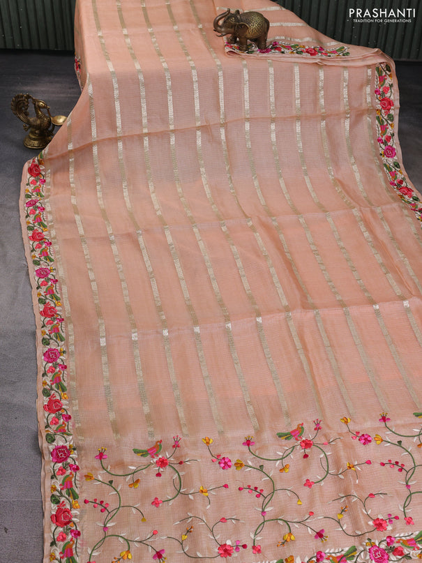 Silk kota saree pale orange with allover zari weaves and embroidery work border