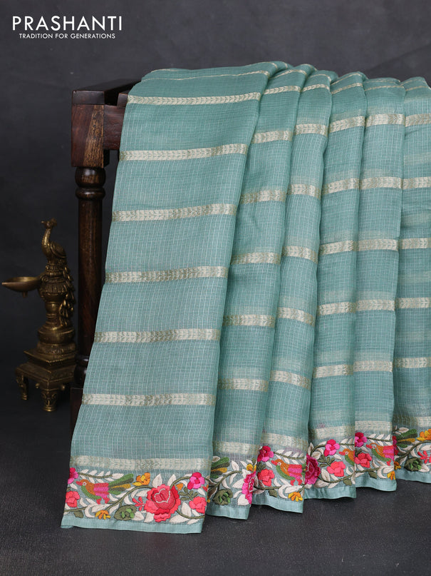 Silk kota saree teal green with allover zari weaves and embroidery work border