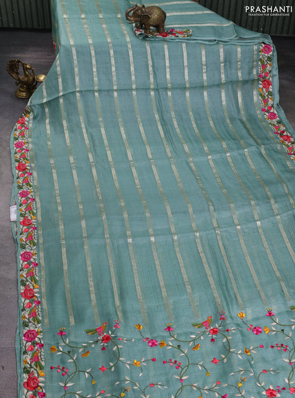 Silk kota saree teal green with allover zari weaves and embroidery work border