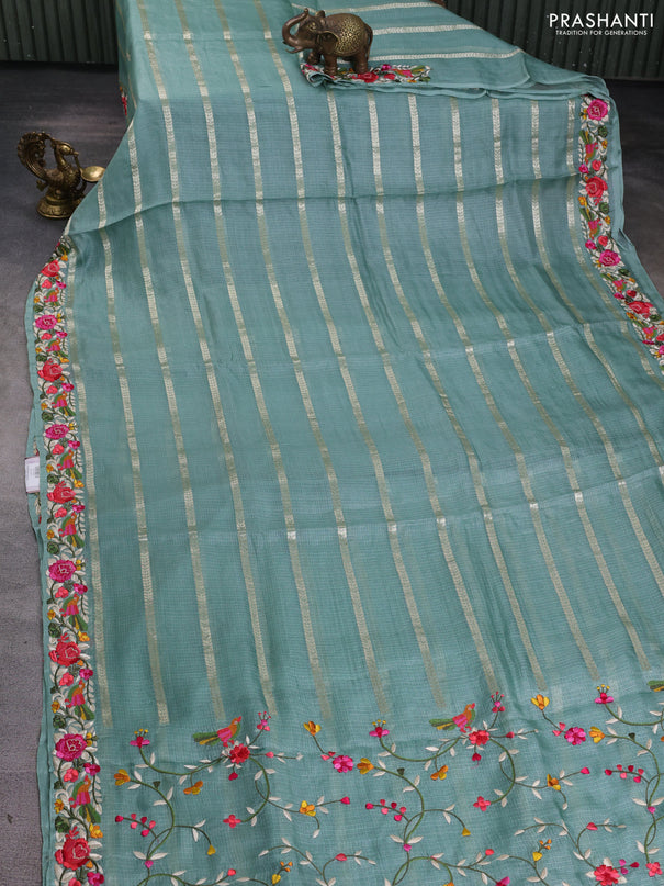 Silk kota saree teal green with allover zari weaves and embroidery work border